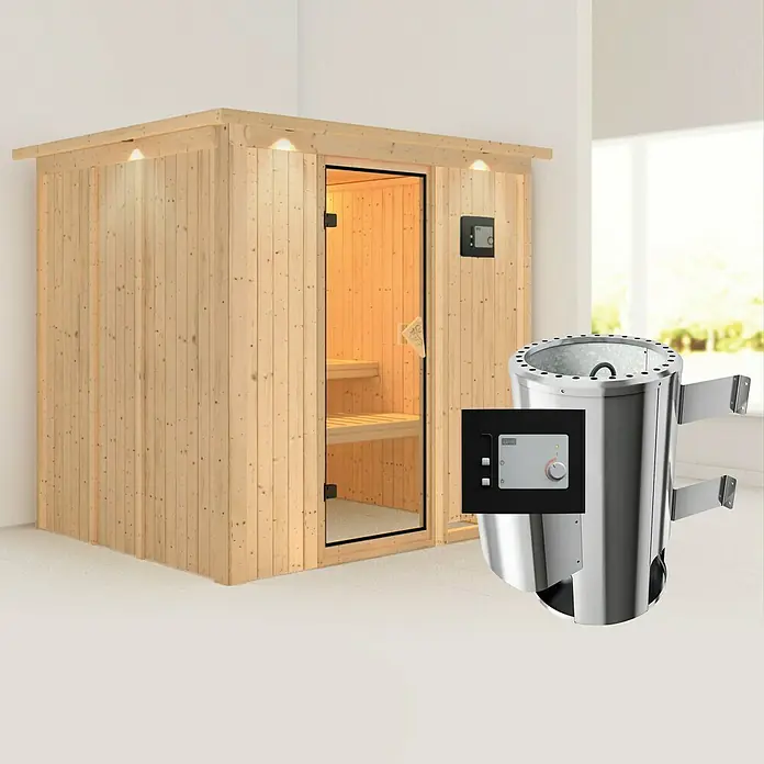 Karibu Elementsauna Daria - Mit 3,6 kW Ofen mit externer Steuerung, Mit Dachkranz und Beleuchtung, L x B x H: 210 x 184 x 192 cm - Abbildung einer hochwertigen Sauna mit Holzverkleidung und einem modernen Saunaofen mit Steuerungseinheit für ein entspannendes Saunaerlebnis.