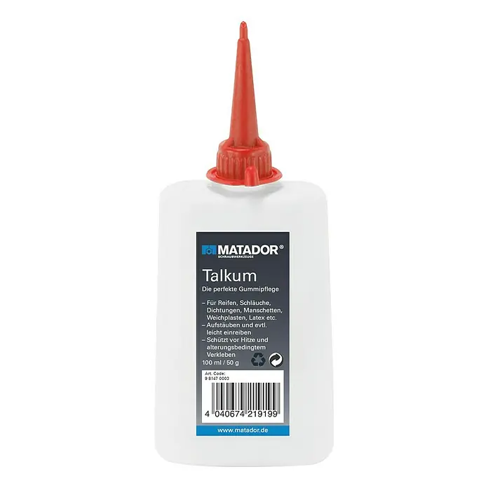Matador Talkum - 100 ml - Matador Talkum, die perfekte Gummipflege für Reifen, Schläuche und mehr. Schützt vor Hitze und verhindert Verkleben.