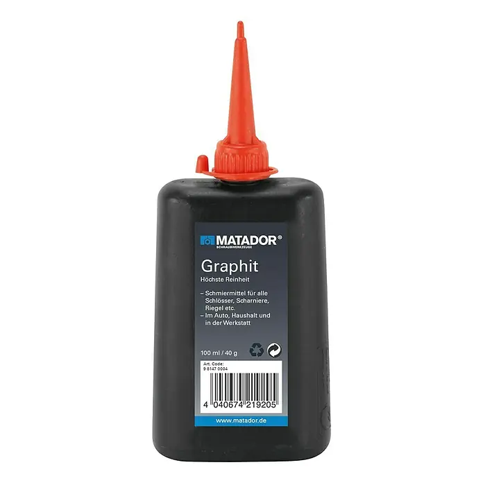 Matador Graphit-Pulver - 40 g - Schwarze Flasche Matador Graphit-Schmierstoff mit roter Spitze, ideal für Schlösser, Scharniere und Riegel. Vielseitig einsetzbar in Auto, Haushalt und Werkstatt.