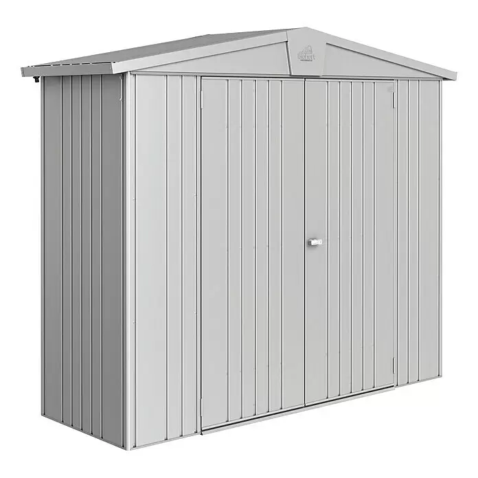 Biohort Europa Gerätehaus Europa - Außenbreite inkl. Dachüberstand: 244 cm, Außentiefe inkl. Dachüberstand: 84 cm, Stahl, Silber Metallic - Hellgrauer Metall-Gartenschuppen mit Doppeltüren und Giebeldach für die Gartenaufbewahrung.