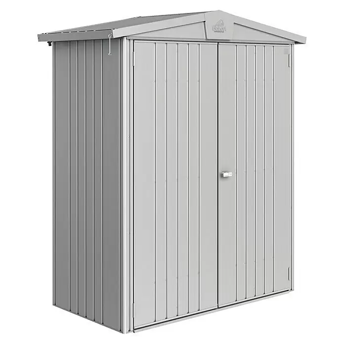 Biohort Europa Gerätehaus Europa Gr. 1 - Außenbreite inkl. Dachüberstand: 172 cm, Außentiefe inkl. Dachüberstand: 84 cm, Stahl, Silber Metallic - Diagonale Ansicht
