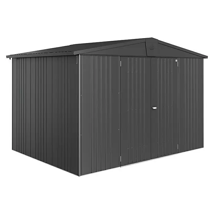 Biohort Europa Gerätehaus Europa Gr. 5 - Außenbreite inkl. Dachüberstand: 316 cm, Außentiefe inkl. Dachüberstand: 228 cm, Stahl, Dunkelgrau Metallic - Diagonale Ansicht
