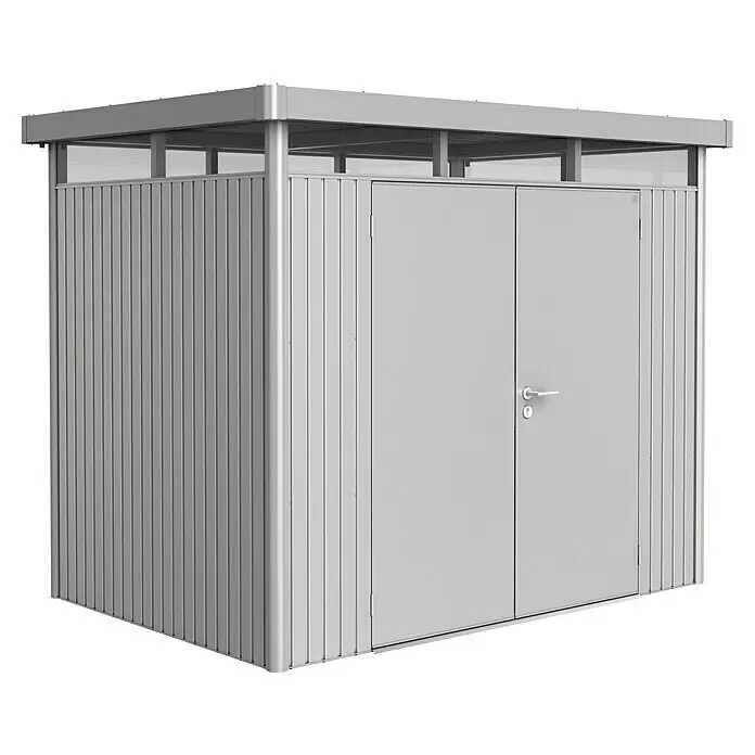 Biohort HighLine Gerätehaus HighLine H2 - Silber Metallic, Doppeltür, Außenbreite inkl. Dachüberstand: 275 cm, Außentiefe inkl. Dachüberstand: 195 cm, Stahl - Diagonale Ansicht
