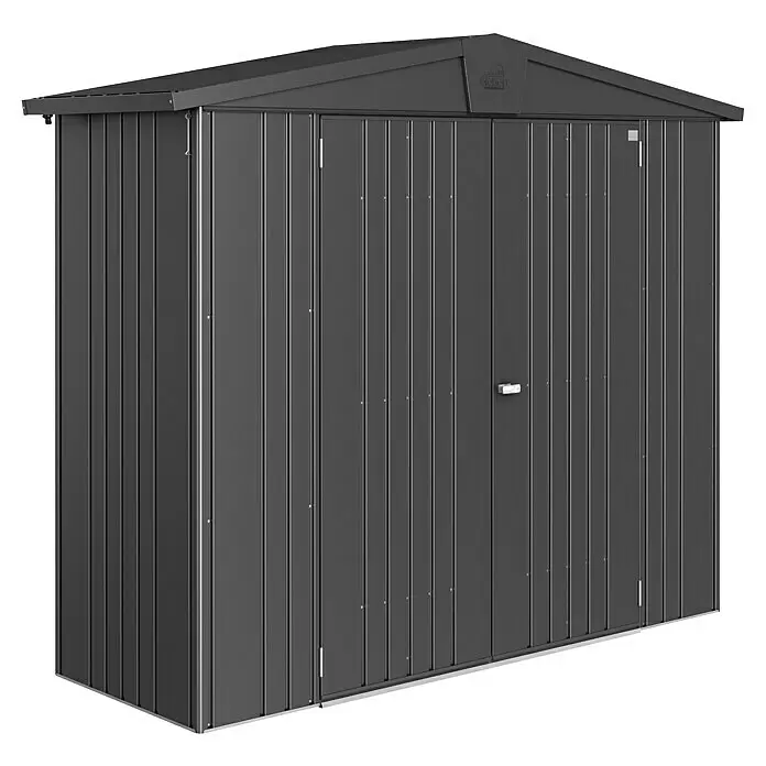 Biohort Europa Gerätehaus Europa Gr. 2A - Außenbreite inkl. Dachüberstand: 244 cm, Außentiefe inkl. Dachüberstand: 84 cm, Stahl, Dunkelgrau Metallic - Dunkelgraues Metall-Gartenhaus mit Pultdach und Doppeltüren für die Außenlagerung.