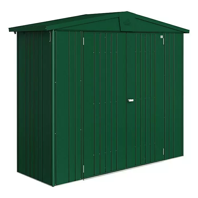 Biohort Europa Gerätehaus Europa - Außenbreite inkl. Dachüberstand: 244 cm, Außentiefe inkl. Dachüberstand: 84 cm, Stahl, Dunkelgrün - Dunkelgrünes Metall-Gartenhaus mit Giebeldach und Doppeltüren.