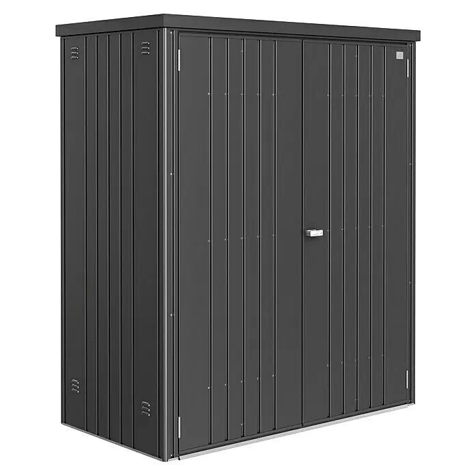 Biohort Geräteschrank 150 - Dunkelgrau Metallic - Dunkelgrauer Metall-Geräteschuppen mit vertikalen Paneelen und weißem Griff.