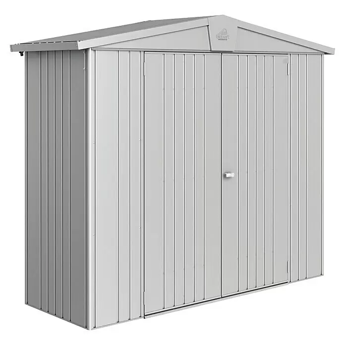 Biohort Europa Gerätehaus Europa Gr. 2 - Außenbreite inkl. Dachüberstand: 172 cm, Außentiefe inkl. Dachüberstand: 156 cm, Stahl, Silber Metallic - Diagonale Ansicht