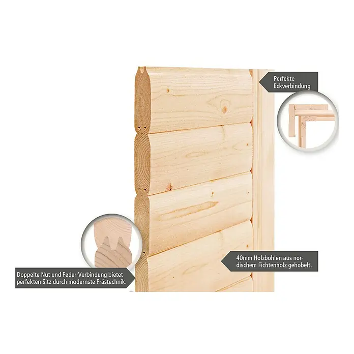 Karibu Massivholzsauna Amara - Mit 9 kW Bio-Ofen mit externer Steuerung, Ohne Dachkranz, L x B x H: 236 x 184 x 200 cm - Detailansicht von Holzbohlen mit doppelter Nut- und Federverbindung, perfekt für Eckverbindungen, aus nordischem Fichtenholz.