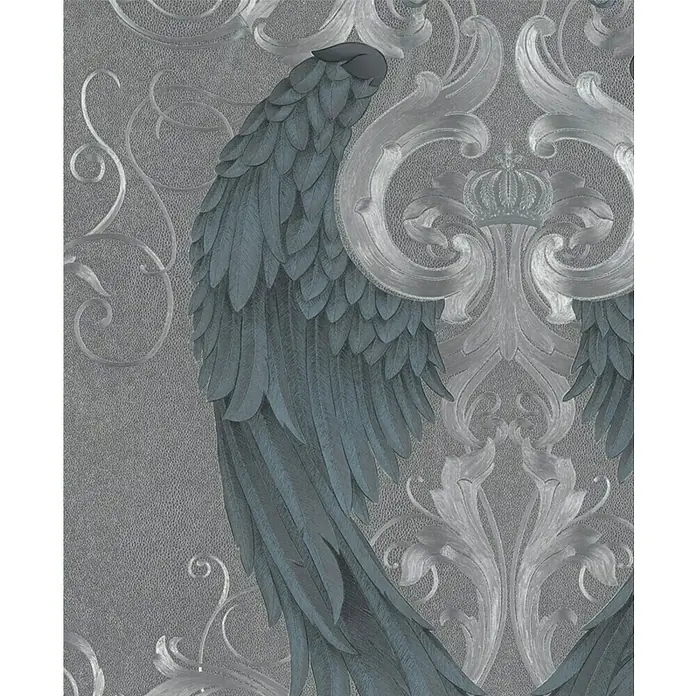 Glööckler Imperial Vliestapete Royal - Silber, Ornament, 10,05 x 0,7 m - Detailaufnahme einer grauen Tapete mit elegantem Flügelmotiv und floralen Elementen, die eine stilvolle Wandgestaltung zeigt.