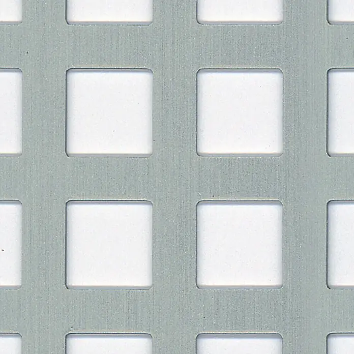 Kantoflex Quadratlochblech500 x 250 mm, Stärke: 0,8 mm, Aluminium, Eloxiert - Nahaufnahme eines Lochblechs mit quadratischen Löchern in einem regelmäßigen Gittermuster, ideal für industrielle Anwendungen.