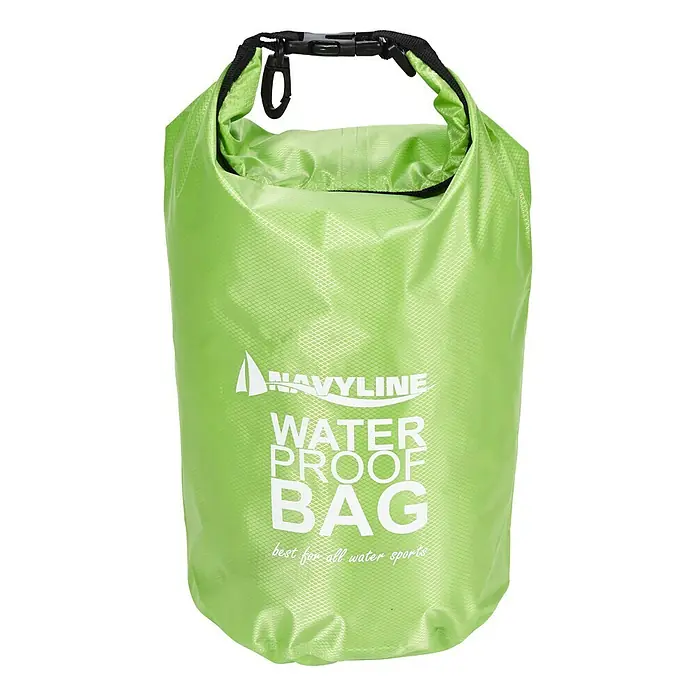 Navyline Drybag - 5 l, Grün - Grüne wasserdichte Tasche mit schwarzem Verschluss und Aufschrift "NAVYLINE WATER PROOF BAG".