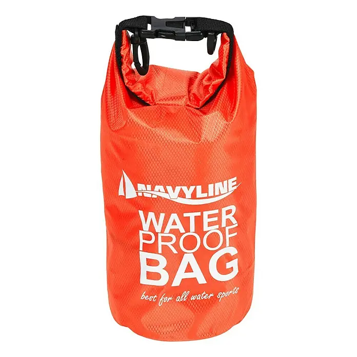 Navyline Drybag - 1,5 l, Orange - Eine orangefarbene, wasserdichte Navyline-Tasche mit weißer Schrift und schwarzem Verschluss für alle Arten von Wassersport.