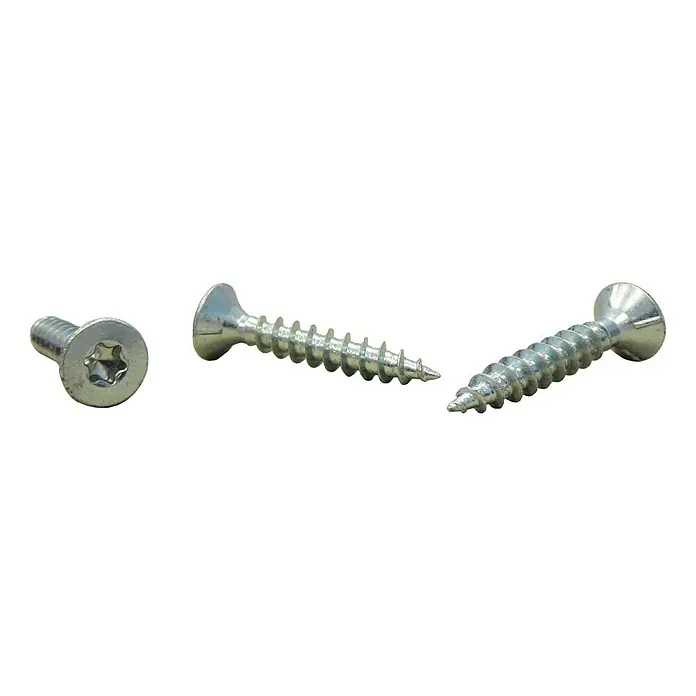 Sarei Rinnenträgerschraube - Durchmesser: 6 mm, Länge: 30 mm, Stahl, Verzinkt - Drei silberne Torx-Holzschrauben, die für sichere und zuverlässige Befestigungen in Holzprojekten sorgen.