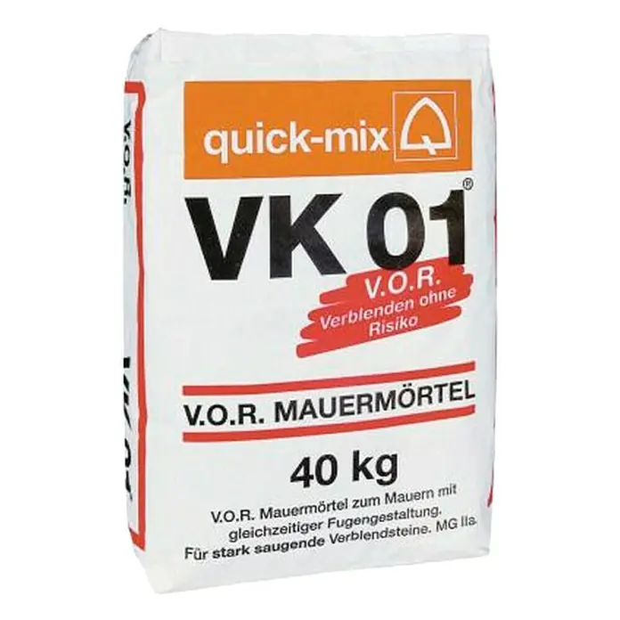 Quick-Mix Mauermörtel V.O.R. - 40 kg, Geeignet für: Stark saugende Steine - Sack Quick-Mix VK 01 Mauermörtel, 40 kg, für stark saugende Verblendsteine. Ideal für gleichzeitige Mauern und Fugengestaltung.