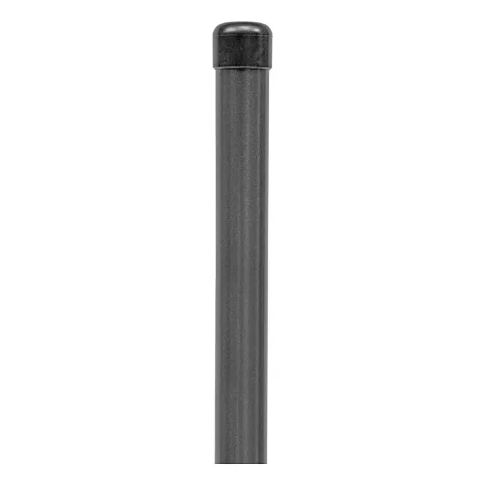 Alberts Zaunpfosten - Länge: 175 cm, Durchmesser: 34 mm, Anthrazit, Stahl, Ohne Spanndraht - Nahaufnahme einer dunkelgrauen Metallstange mit abgerundeter Kappe, ideal für verschiedene Konstruktionen oder als Halterung.