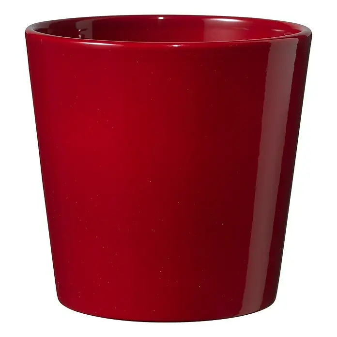 Soendgen Keramik Übertopf rund Dallas Color - Außenmaß (Ø x H): 7 x 6 cm, Bordeaux, Keramik, Glänzend - Nahaufnahme eines glänzenden, dunkelroten Blumentopfs aus Keramik, perfekt für Zimmerpflanzen und moderne Dekoration.
