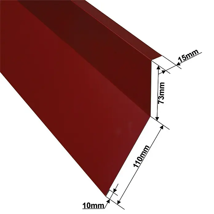 Metdach Kappleiste - Rot, 100 x 11 cm, Stahl - Nahaufnahme eines dunkelroten Metallprofils mit Maßangaben für Bau oder Konstruktion.