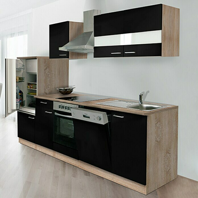 Respekta Composición de cocina (Ancho: 280 cm, Con dispositivos eléctricos, Negro)