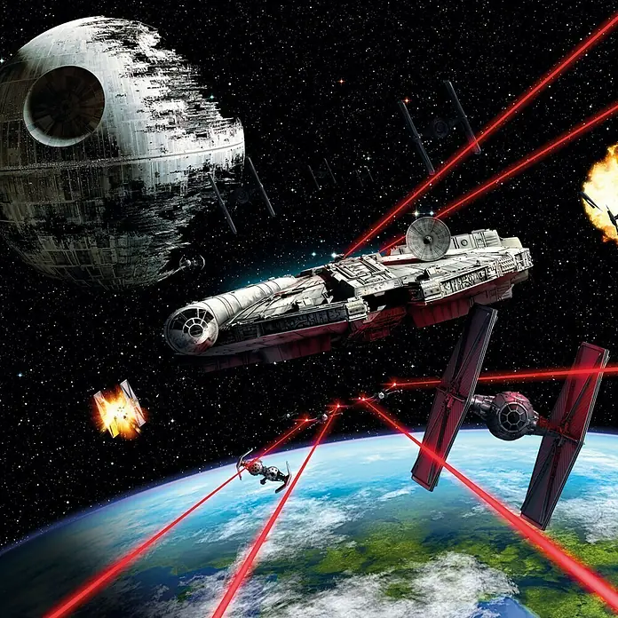 Komar Star Wars Fototapete Millennium - 8 -tlg., B x H: 368 x 254 cm, Papier - Die Schlacht tobt mit dem Millennium Falken im Zentrum, umgeben von TIE-Fightern, dem Todesstern und roten Laserstrahlen.