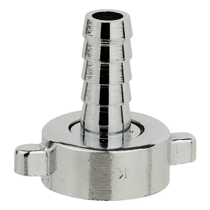 Schlauchverschraubung - Gewinde: ¾″, Größe Anschluss: ½″, Verchromt - Nahaufnahme eines glänzenden Schlauchverbinders aus Metall, der für eine sichere Schlauchbefestigung entwickelt wurde.