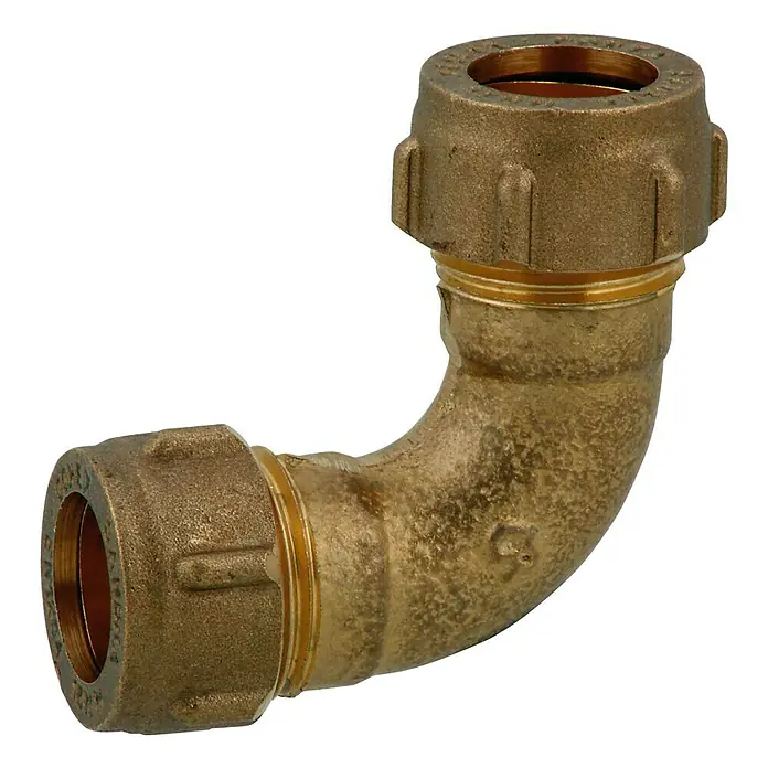 Conex Klemmbogen - Durchmesser: 15 mm, Winkel: 90 °, Messing - Messing-Winkelstück mit Kompressionsverschraubung, ideal für Sanitär- und Heizungsinstallationen. Robuste Bauweise für zuverlässige Verbindungen.