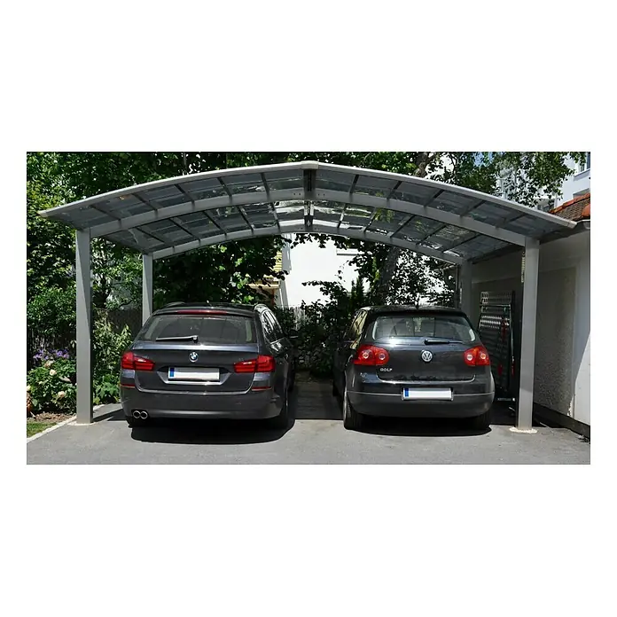 Ximax Carport Portoforte M 110 - Außenmaß inkl. Dachüberstand (B x T): 5,42 x 4,95 m, Doppelcarport, Edelstahloptik, Schneelast: 137 kg/m² - Ein Carport mit zwei geparkten Autos darunter bietet Schutz vor Witterungseinflüssen. Die Konstruktion wirkt stabil und modern.