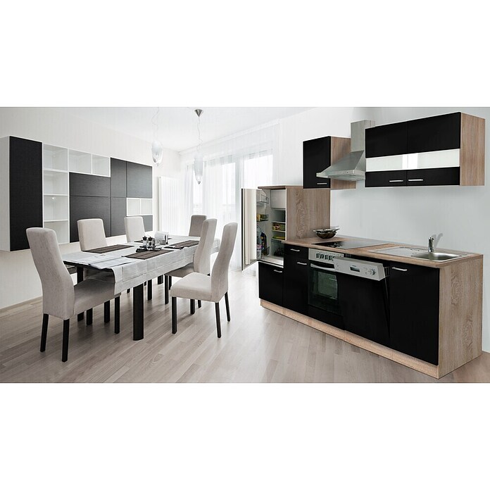 Respekta Composición de cocina (Ancho: 280 cm, Con dispositivos eléctricos, Negro)