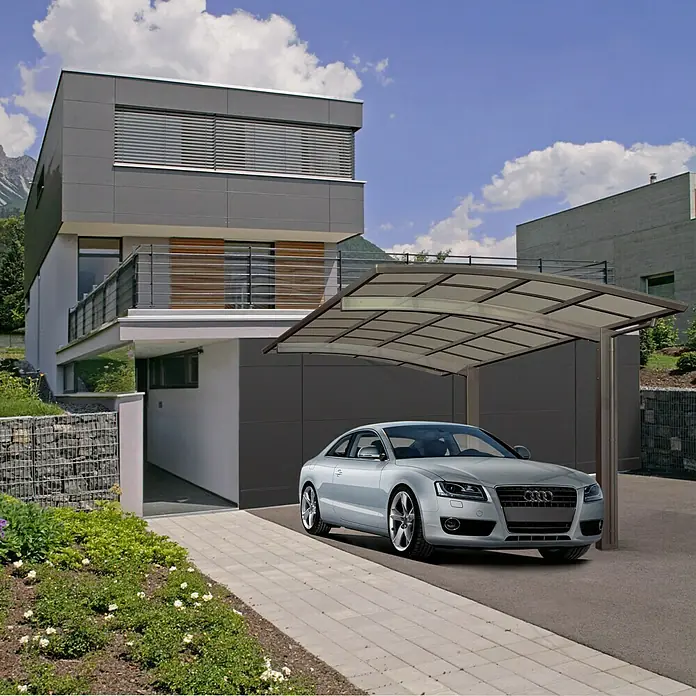 Ximax Carport Portoforte 80 - Außenmaß inkl. Dachüberstand (B x T): 2,7 x 4,95 m, Einzelcarport, Edelstahloptik, Schneelast: 100 kg/m² - Carport mit einem modernen silbernen Auto vor einem stilvollen grauen Haus.