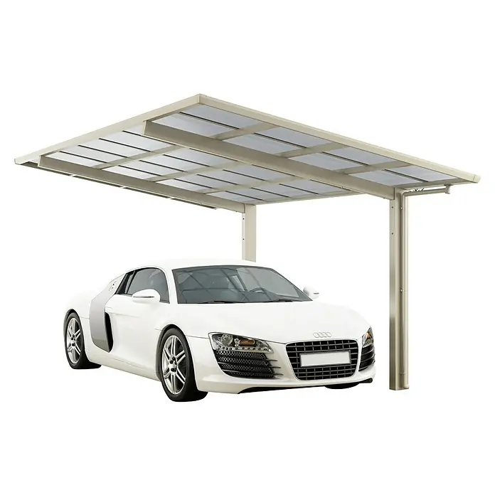 Ximax Carport LINEA 80 - Außenmaß inkl. Dachüberstand (B x T): 2,73 x 4,95 m, Einzelcarport, Edelstahloptik - Abbildung eines Carports mit einem weißen Auto darunter. Das Carport bietet Schutz vor Witterungseinflüssen.