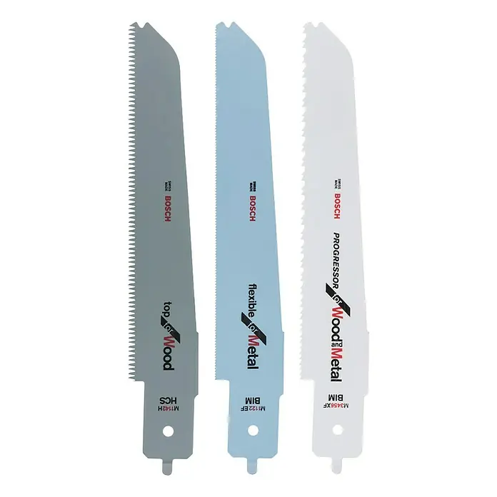 Bosch Säbelsägeblatt-Set - Holz/Metall/Kunststoff, 3 -tlg. - Drei Bosch Säbelsägeblätter für Holz und Metall in Grau, Blau und Weiß.