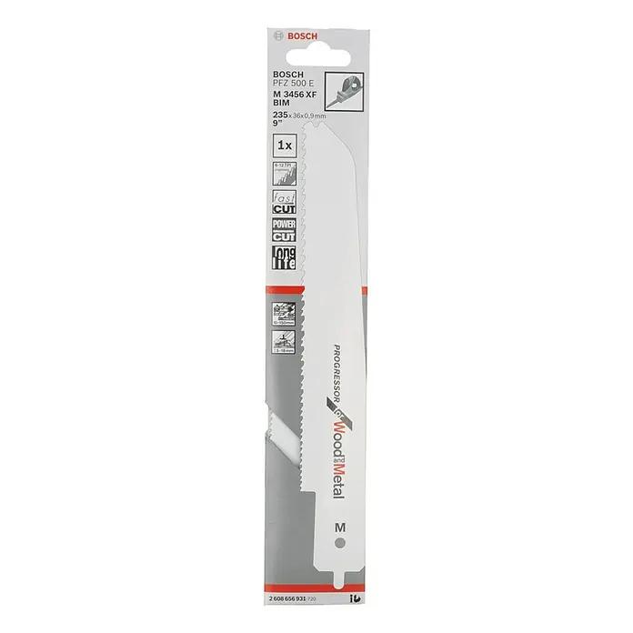 Bosch Säbelsägeblatt M 3456 XF - Holz/Metall, Zahnabstand: 2,3 mm - Das Bild zeigt ein Bosch PFZ 500 E Säbelsägeblatt M 3456 XF BIM, 235x36x0,9mm, ideal für Holz und Metall, im Detail.