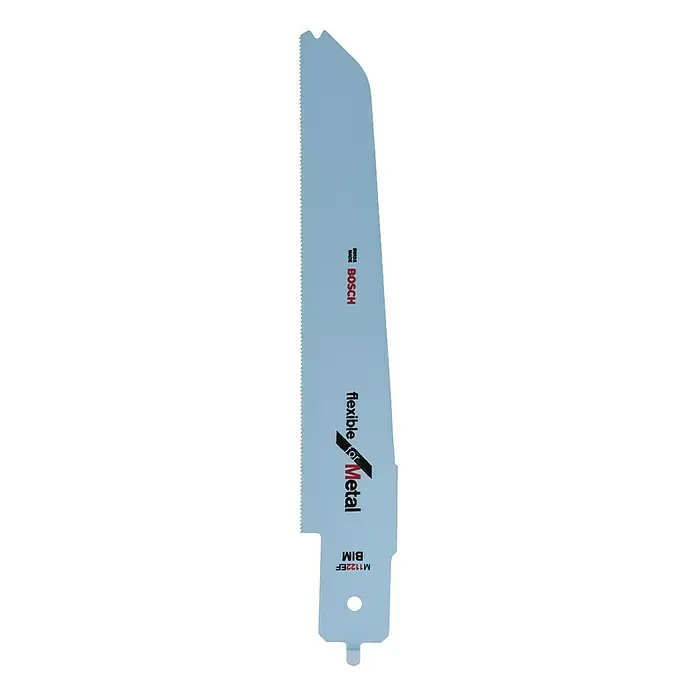 Bosch Säbelsägeblatt M 1122 EF - Metall, Zahnabstand: 1,4 mm - Das Bild zeigt ein Bosch M1122EF BIM Säbelsägeblatt "Flexible for Metal" für Metallsägearbeiten in hellblauer Farbe.