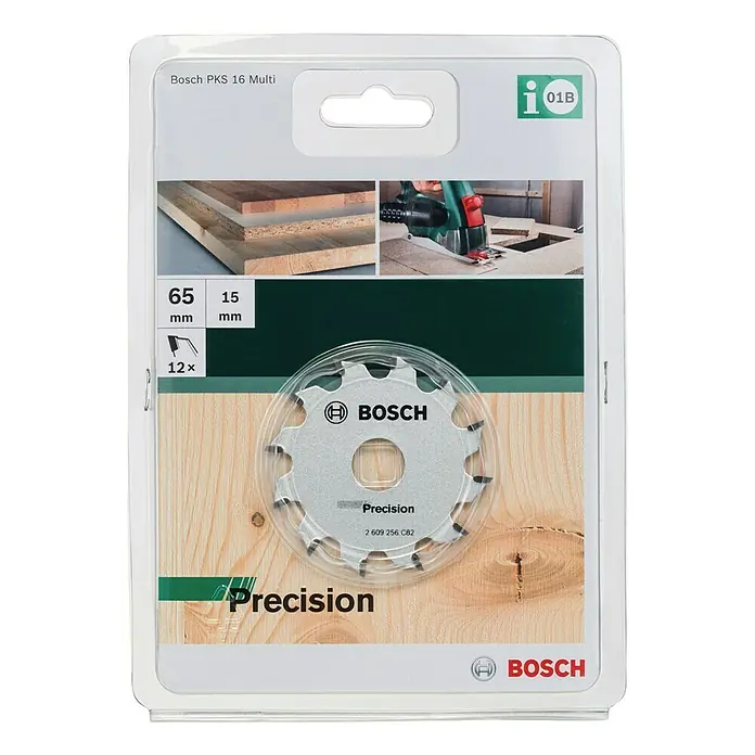 Bosch Kreissägeblatt Spezial - 65 mm, Bohrung: 15 mm, Anzahl Zähne: 12 Stk. - Bosch PKS 16 Multi Sägeblatt in der Verpackung. Das Sägeblatt ist für präzise Schnitte und ist für verschiedene Materialien geeignet.