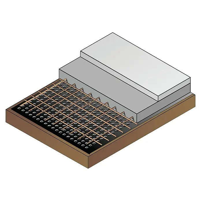 Noppenbahn - 10 x 1 m, Max. Anwendungsfläche: 10 m² - Darstellung einer Betonplatte mit Bewehrung und Unterkonstruktion. Ideal für Bauprojekte und Illustrationen im Bauwesen.