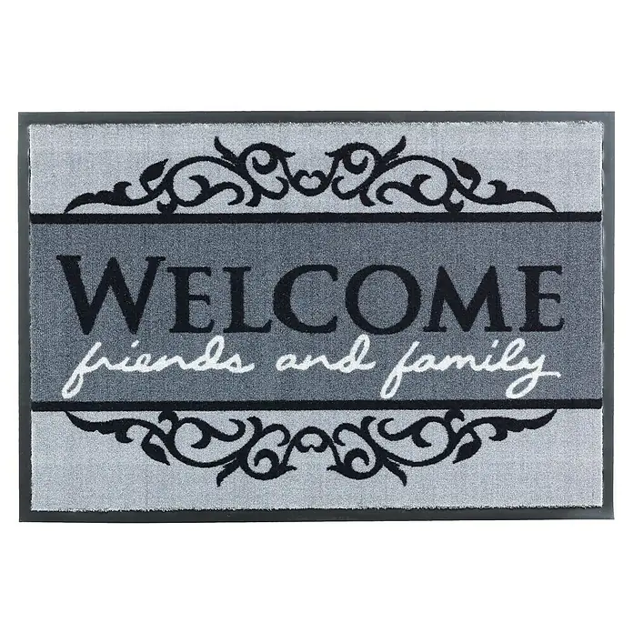 Astra Homelike Fußmatte Welcome friends and family - Schwarz/Grau, 40 x 60 cm, 100 % Polyamid - Rechteckige Fußmatte mit der Aufschrift "Willkommen Freunde und Familie" in Grau und Schwarz.