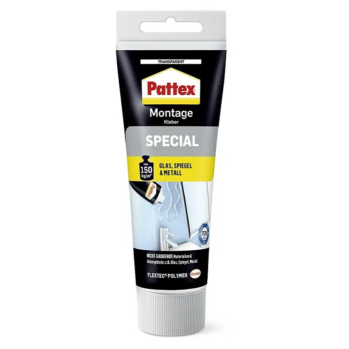 Pattex Montagekleber Special - 80 g - Abbildung einer Tube Pattex Montage Kleber Special, ein transparenter Klebstoff für Glas, Spiegel und Metall, ideal für Heimwerkerprojekte.