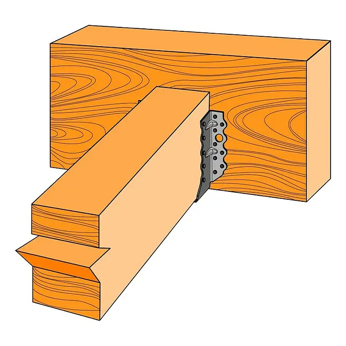 Simpson Strong-Tie Balkenschuh SBG - 55 x 60 x 100 mm, Stahl - Ein Holzbalken ist mit einem verzahnten Metallverbinder an einem anderen Holzbalken befestigt. Die Verbindung ist sicher und stabil.