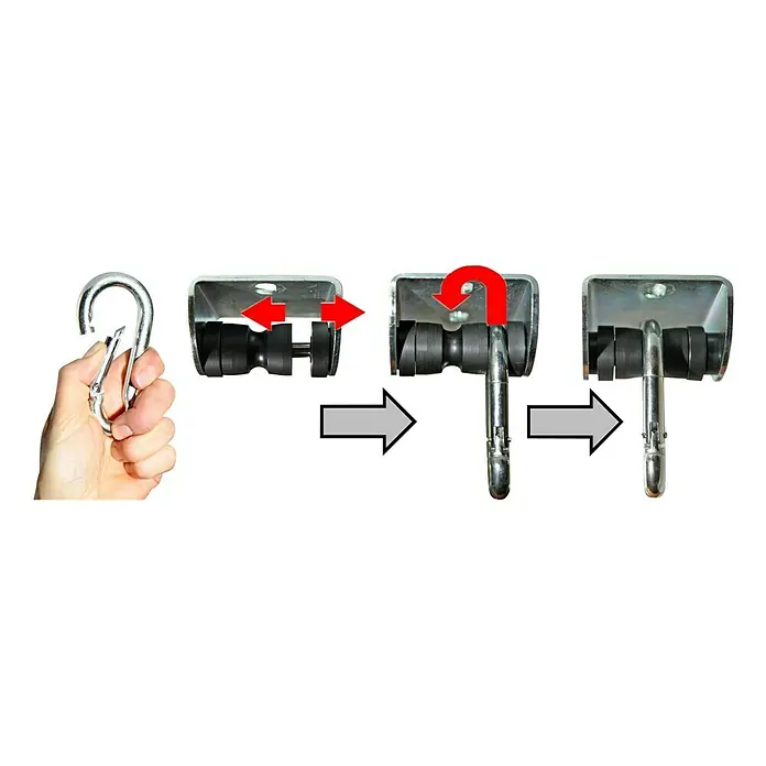 Marathon Rollengelenk - Belastbarkeit: 125 kg, Kugellager - Bild zeigt die Verwendung eines Karabiner-Clips an einer Halterung mit Rollen für eine einfache Befestigung.