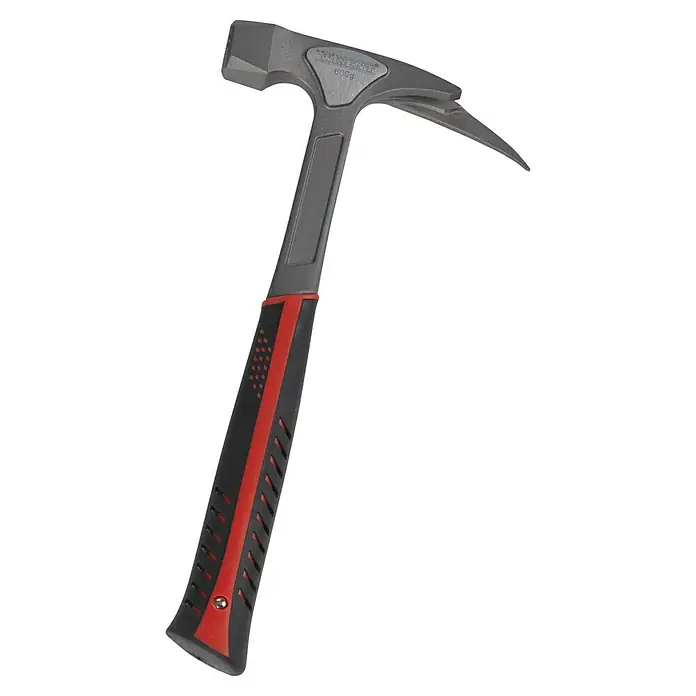 Wisent Zimmermannshammer - 600 g, Magnetischer Nagelhalter - Ein grauer Wisent Latthammer (600g) mit einem markanten, rot-schwarzen Griff, ideal für präzise Arbeiten.