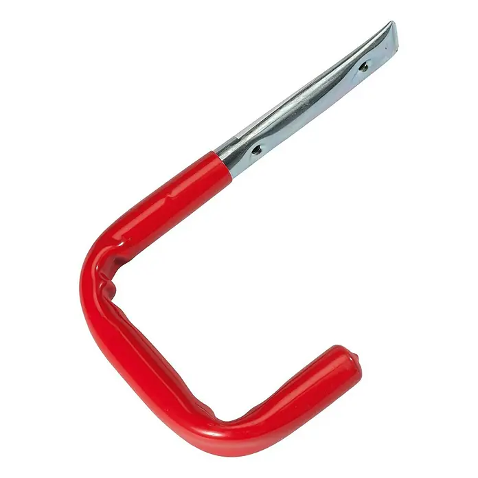 Stabilit Wandhaken - 14,3 x 2,2 x 22 cm, Belastbarkeit: 20 kg, Durchmesser: 12 mm - Ein roter Wandhaken aus Metall mit einer silbernen Halterung zur einfachen Montage und sicheren Aufbewahrung von Gegenständen.