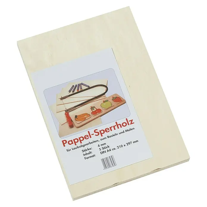 Sperrholz - Pappel, Format A4, 297 x 210 x 4 mm, 5 Stk. - Eine Packung Pappelsperrholzplatten, ideal zum Basteln und Malen. Die Platten haben eine Stärke von 4 mm und das Format DIN A4.