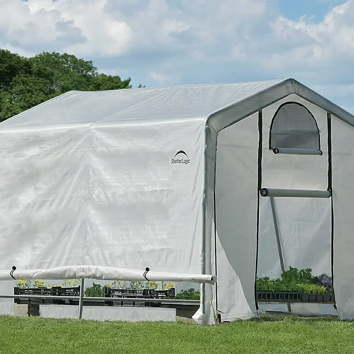 ShelterLogic Gewächshaus - Außenmaß inkl. Dachüberstand (B x T): 300 x 300 cm, Grau, Grundfläche: 9 m² - ShelterLogic Gewächshaus mit robuster, weißer Plane und praktischer Türöffnung für optimalen Pflanzenanbau im eigenen Garten.