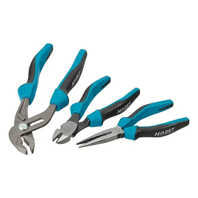 Hazet Zangen-Set 1859SPC/3 - 3 -tlg. - Das Bild zeigt ein Set HAZET-Zangen mit blau-schwarzen Griffen, darunter Wasserpumpenzange, Seitenschneider und Spitzzange.