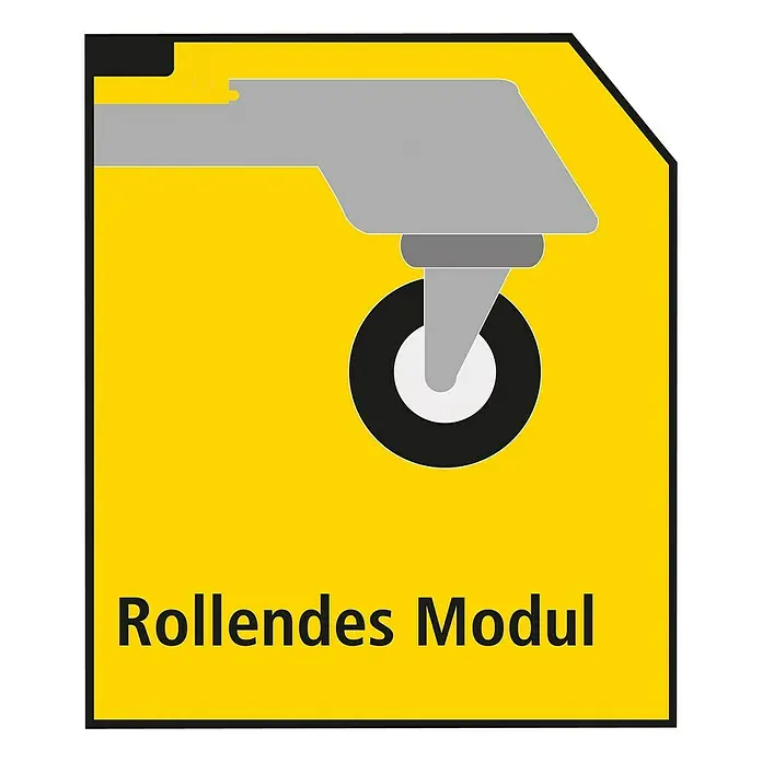 Stanley TSTAK Transportroller - 43,6 x 48,6 x 18,1 cm, Traglast: 100 kg - Gelbes Schild mit einer Rollenmodul-Illustration und dem Text "Rollendes Modul".
