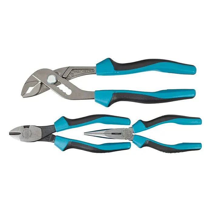 Hazet Zangen-Set 1859SPC/3 - 3 -tlg. - Ein Satz HAZET-Werkzeuge, bestehend aus einer Wasserpumpenzange, einem Seitenschneider und einer Spitzzange mit blauen und schwarzen Griffen.