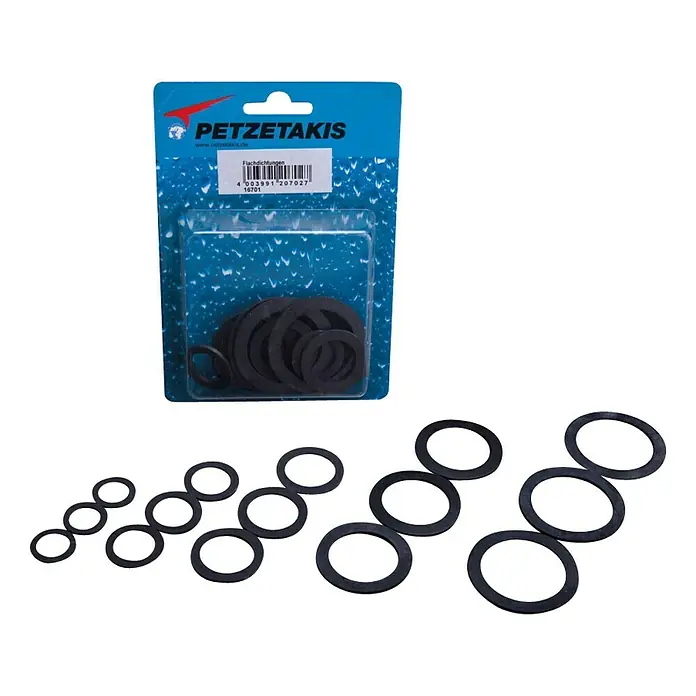 Dichtungs-Set - Kunststoff, 15 Stk. - Eine Packung Petzetakis Flachdichtungen in verschiedenen Größen, sowohl in der Verpackung als auch daneben liegend.
