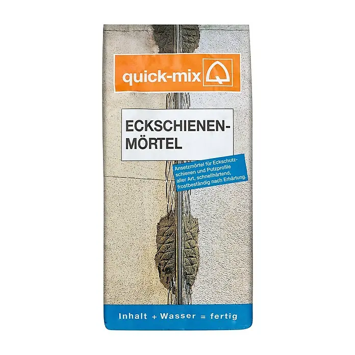 Quick-Mix Eckschutzschienenmörtel - 10 kg, Schnellhärtend - Produktbild von Quick-Mix Eckschienen-Mörtel, einem Ansetzmörtel für Eckschutzschienen und Putzprofile aller Art. Schnellhärtend und frostbeständig.