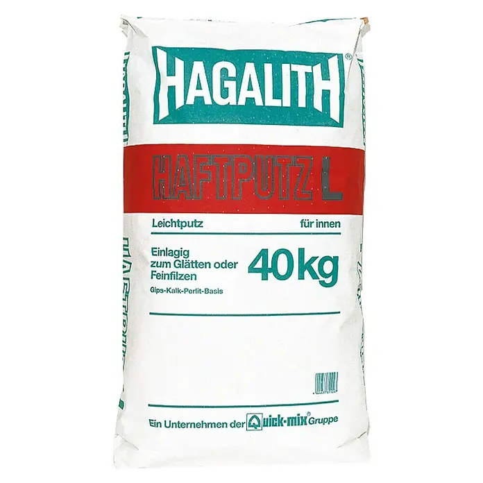 Quick-Mix Hagalith Haftputzgips L - 40 kg, Gips - Sack Hagalith Haftputz L Leichtputz, einlagig zum Glätten oder Feinfilzen, 40 kg. Ideal für Innenanwendungen mit Gips-Kalk-Perlit-Basis.
