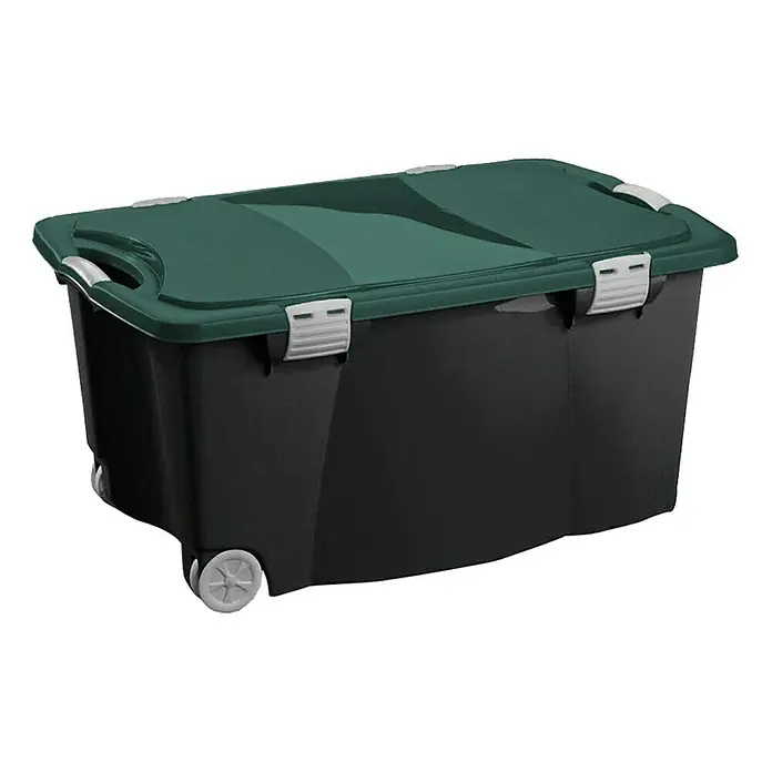 Caja de almacenaje - 80 x 52 x 41 cm, Capacidad volumétrica: 100 l - Un contenedor de almacenamiento negro con tapa verde y asas/ruedas grises, ideal para organizar objetos en la casa.