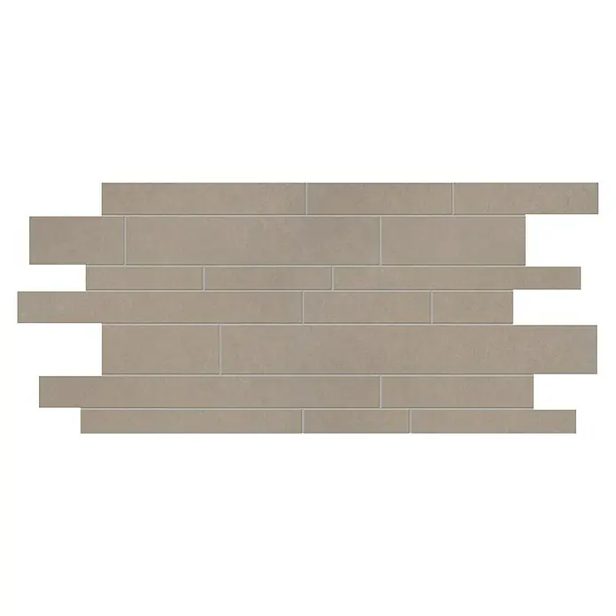Ambiente by Palazzo Mosaikfliese Brick - 30 x 60 cm, Taupe, Matt - Eine Nahaufnahme einer beigen, länglichen Wandfliese mit schmalen Fugen, die ein modernes und elegantes Design präsentiert.